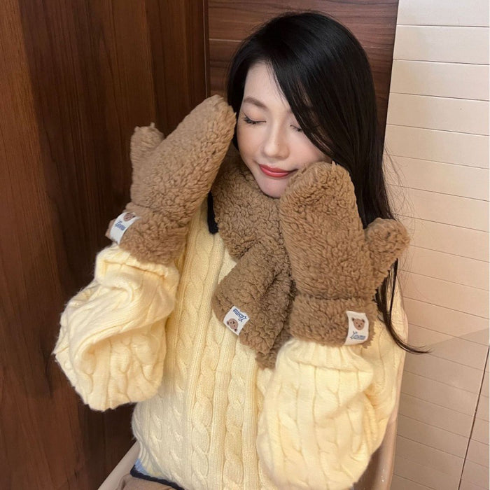 Cosycombe Teddy Mittens and Cross-Over Scarf Set with Bear Patch