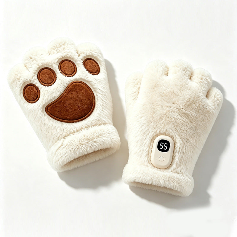 White plush cat paw heated fingerless gloves