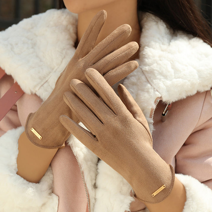 Camel faux suede gloves with gold bar detail