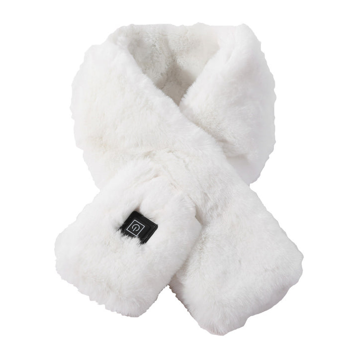 Woman wearing a heated faux fur scarf
