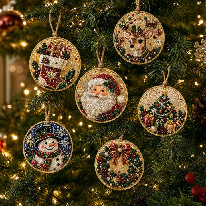 Six wooden diamond painting Christmas ornaments