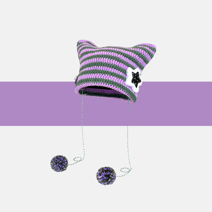 Cosycombe Striped Cat Ear Beanie with Star or Pompoms