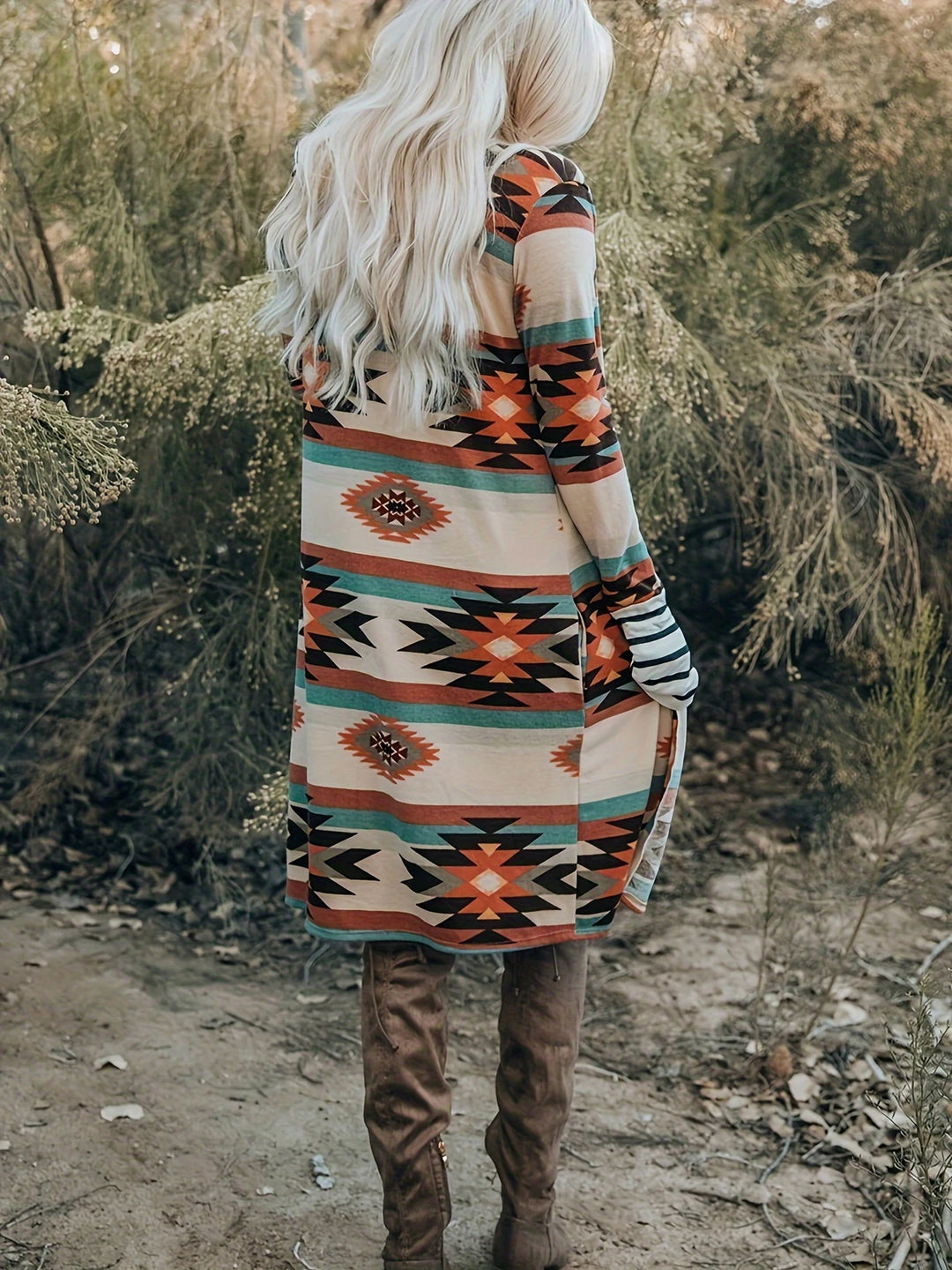 Woman in long colour block open cardigan
