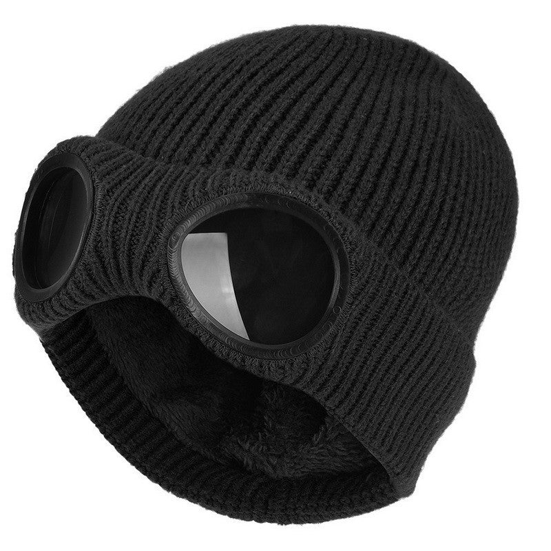 Knit beanie with flip-up goggles on the front