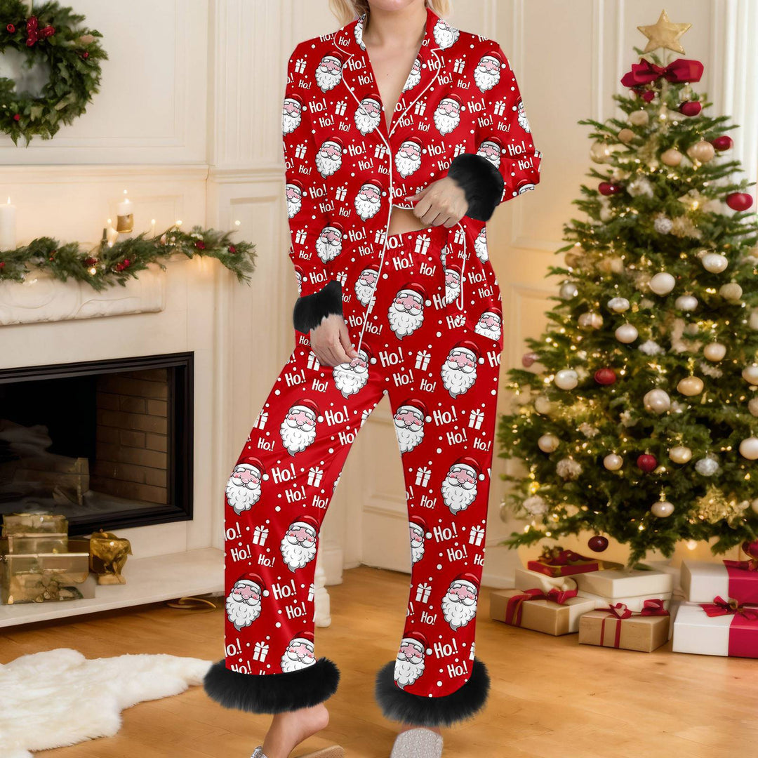 Woman in Christmas print pyjama set
