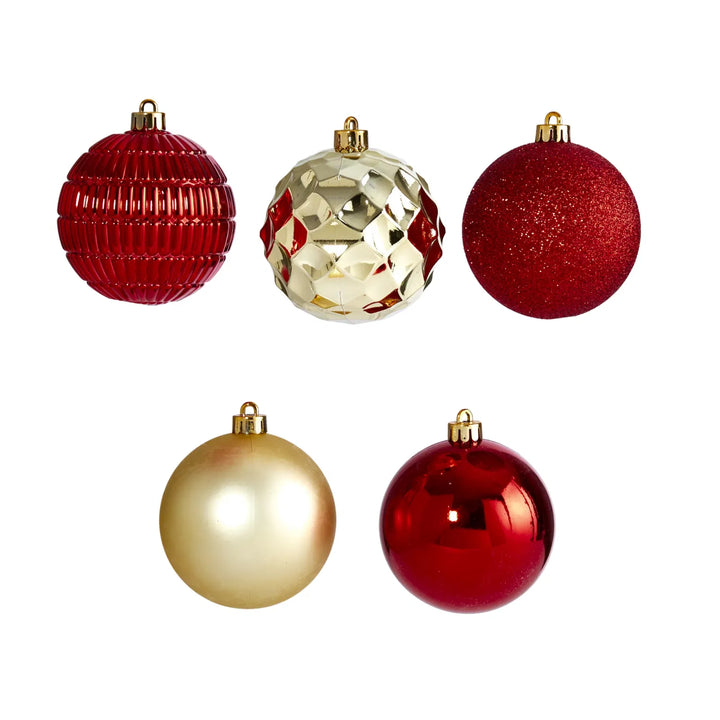 Red and gold shatterproof baubles in box