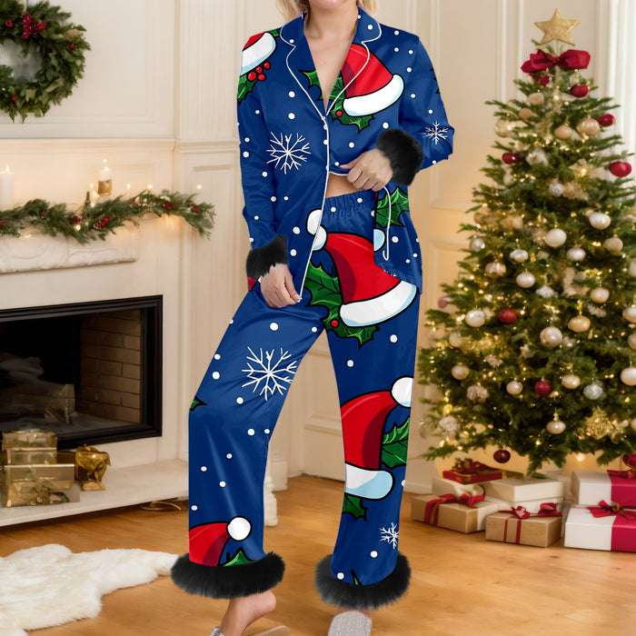 Cosycombe Christmas Print Button Up Pyjama Set with Faux Fur Trim