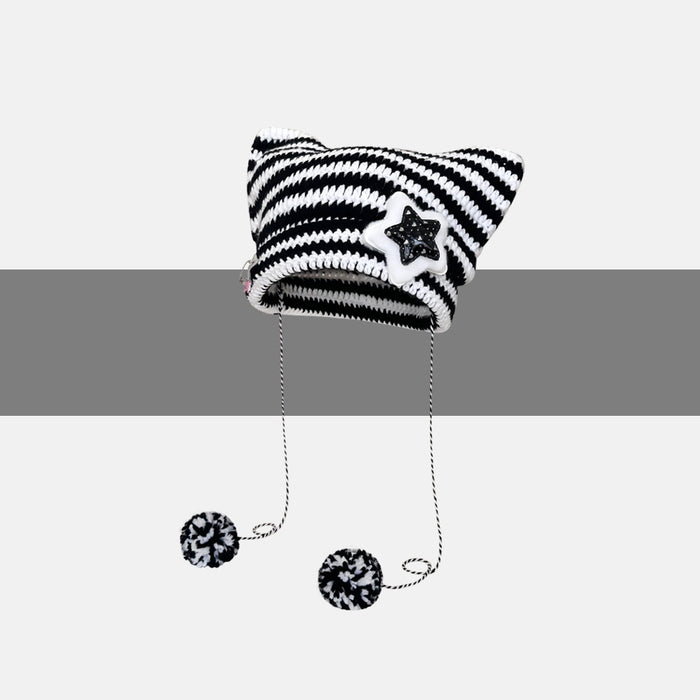 Cosycombe Striped Cat Ear Beanie with Star or Pompoms