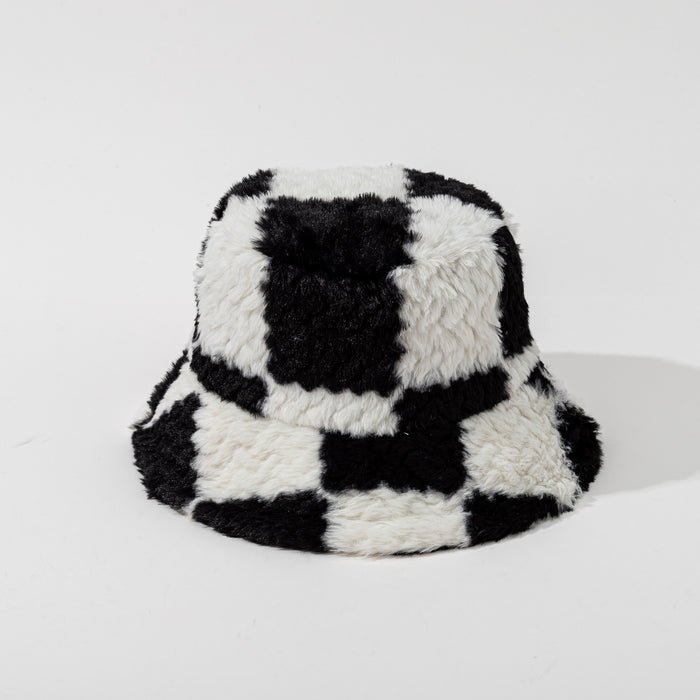 Cosycombe Checkerboard Plush Bucket Hat in Teddy Fleece