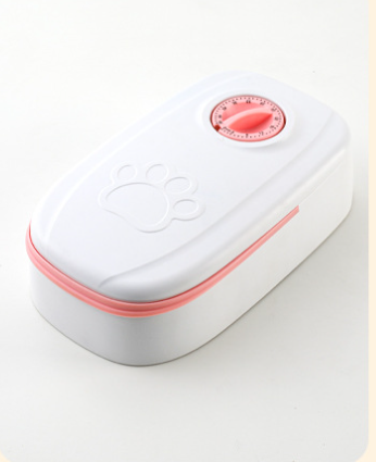 Grey timed pet feeder with dial lid