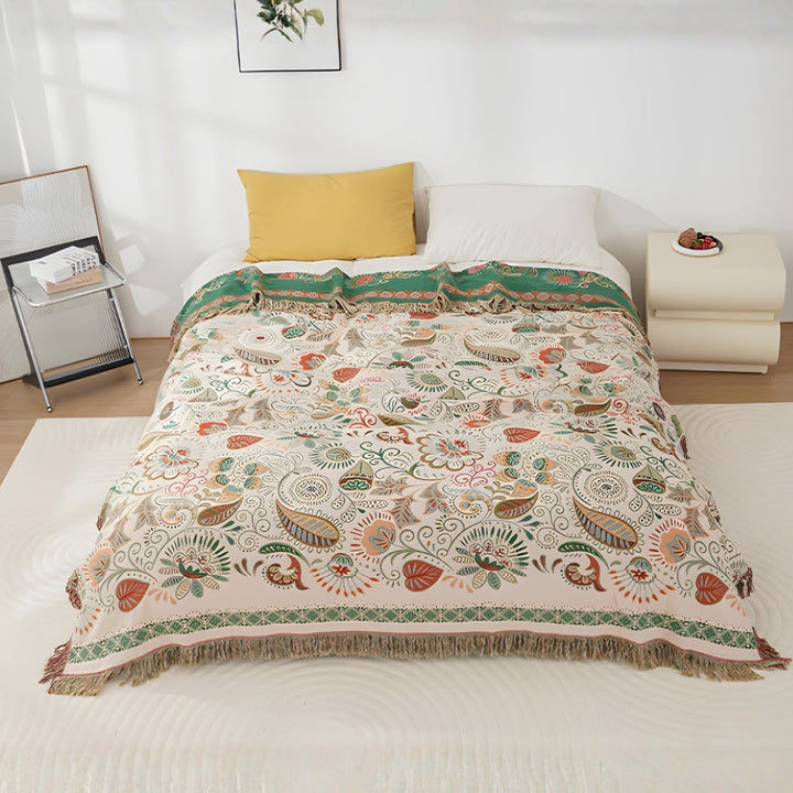 Cosycombe™ Reversible Boho Throw with Tassels and Autumn Leaf Pattern
