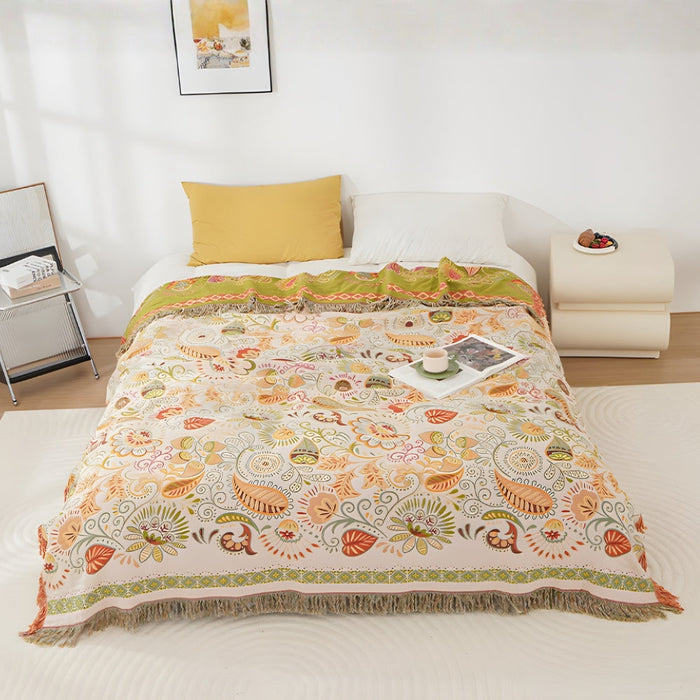 Cosycombe™ Reversible Boho Throw with Tassels and Autumn Leaf Pattern