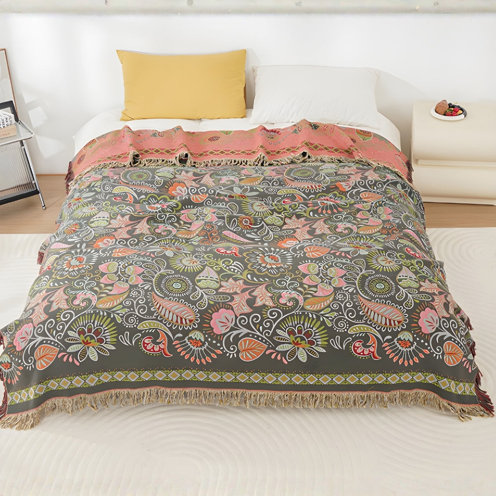 Cosycombe™ Reversible Boho Throw with Tassels and Autumn Leaf Pattern