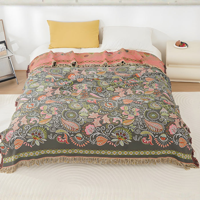 Cosycombe™ Reversible Boho Throw with Tassels and Autumn Leaf Pattern