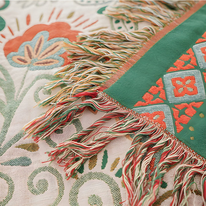 Cosycombe™ Reversible Boho Throw with Tassels and Autumn Leaf Pattern