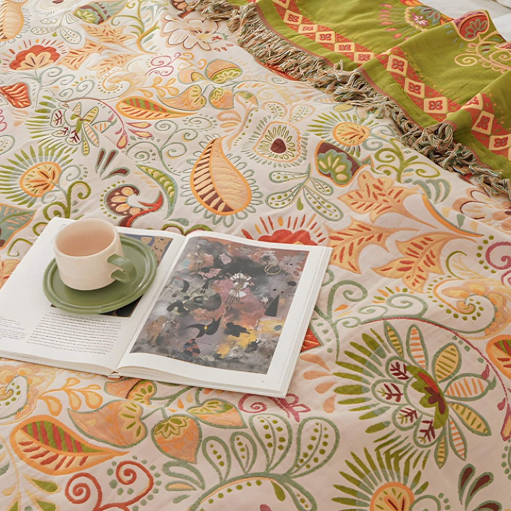 Cosycombe™ Reversible Boho Throw with Tassels and Autumn Leaf Pattern