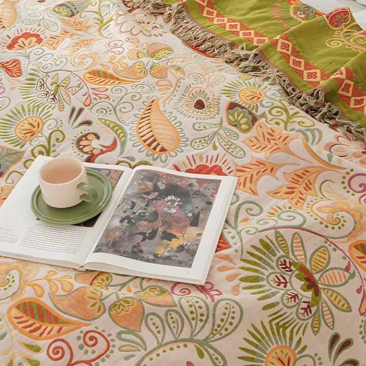 Cosycombe™ Reversible Boho Throw with Tassels and Autumn Leaf Pattern