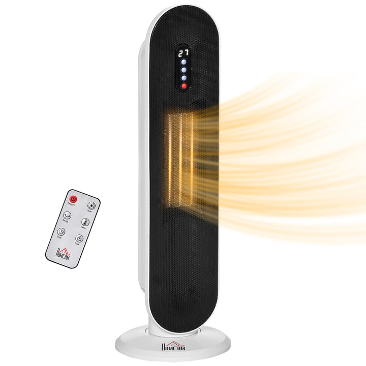 white oscillating ceramic tower heater with remote
