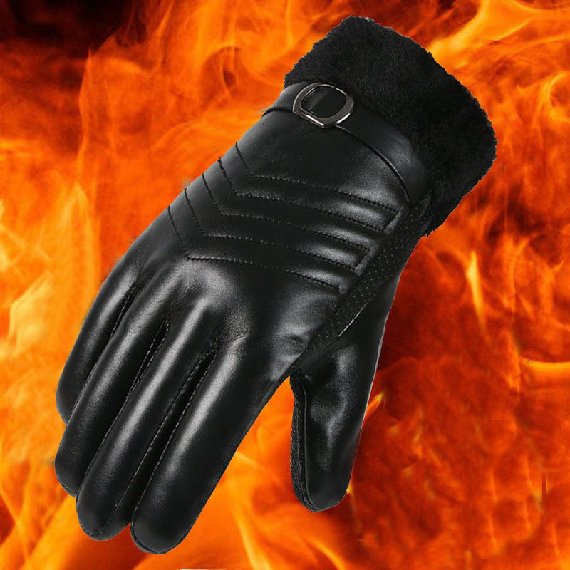 Black faux leather winter gloves with plush lining