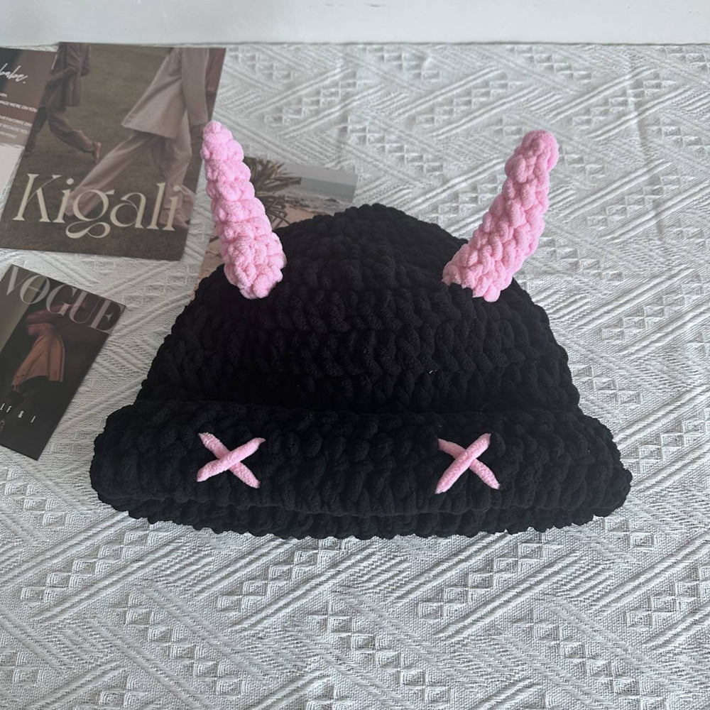 Black crochet bucket hat with pink horns