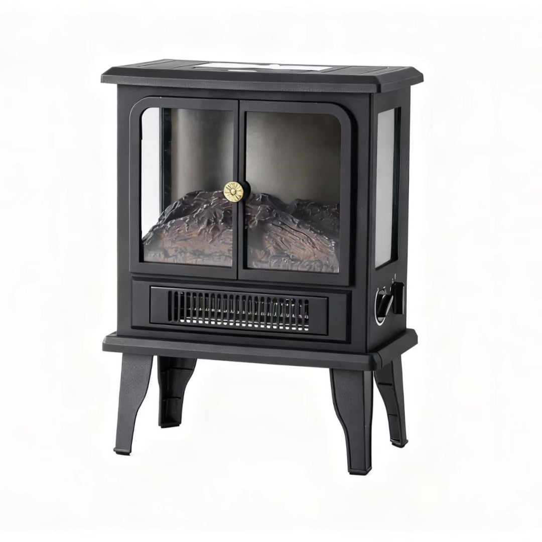 black electric stove fireplace with glass doors and flames