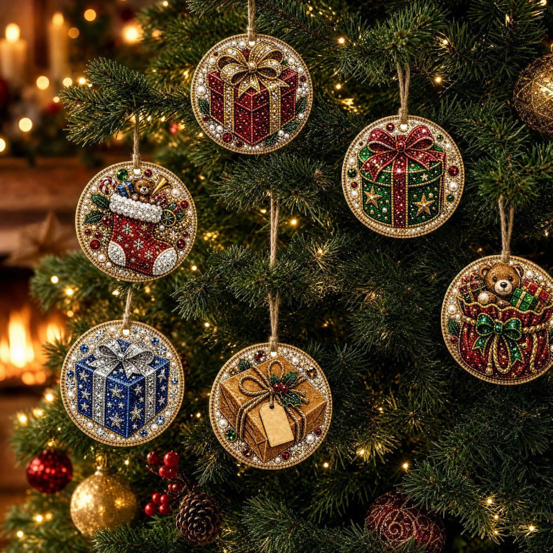 Six wooden diamond painting Christmas ornaments
