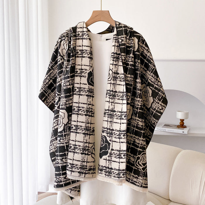 Cosycombe Double Sided Plaid Wrap Shawl with Rose Motif