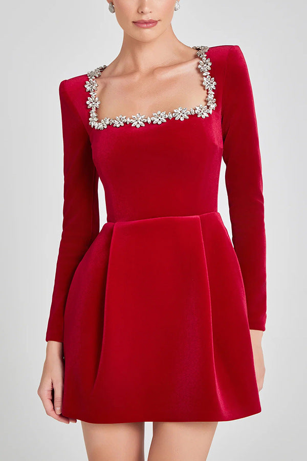 Cosycombe Square Neck Mini Dress with Rhinestone Flower Trim