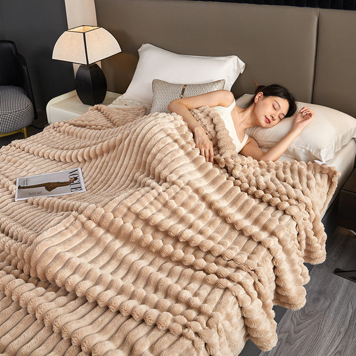 Sage green bubble fur blanket with black trim