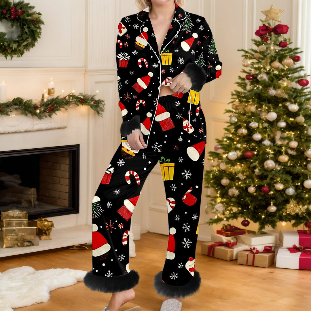 Woman in Christmas print pyjama set