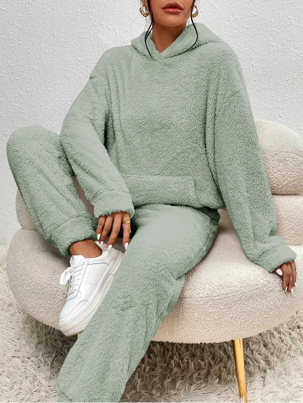 Woman in fluffy teddy hoodie and trousers