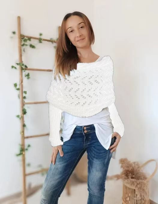 Woman in knitted shrug shawl with sleeves