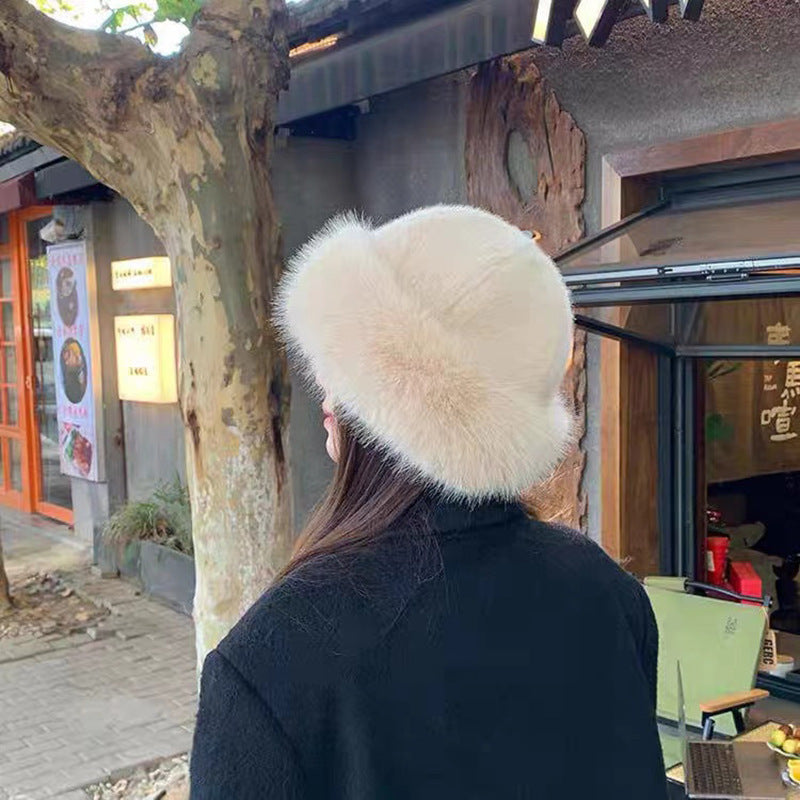 Beige fluffy faux fur hat with rolled brim