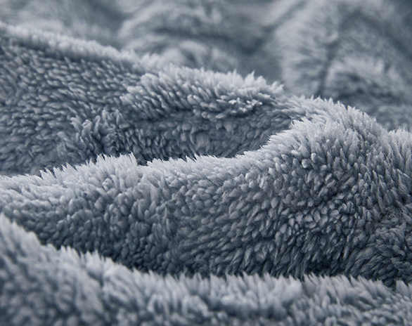 Thick sherpa fleece blanket folded on bed
