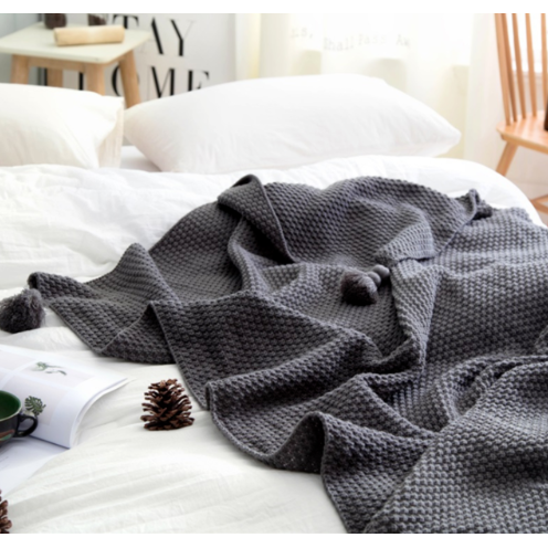 Cosycombe™ Chunky Waffle Knit Throw with Pom-Pom Tassels for Sofa