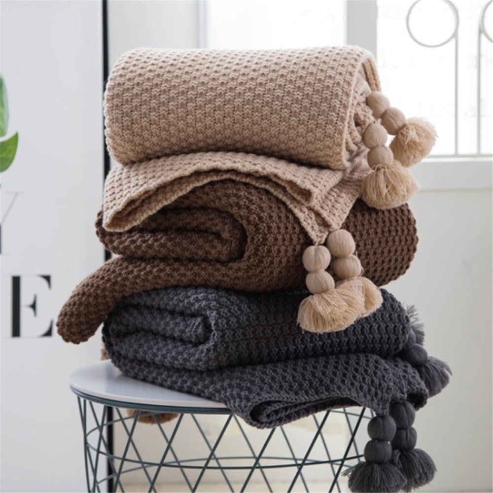 Cosycombe™ Chunky Waffle Knit Throw with Pom-Pom Tassels for Sofa