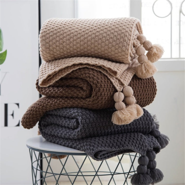 Cosycombe™ Chunky Waffle Knit Throw with Pom-Pom Tassels for Sofa