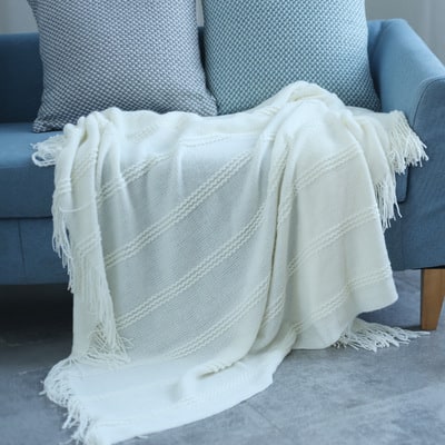 Cosycombe™ Lightweight Knit Throw with Diagonal Stripes and Tassels
