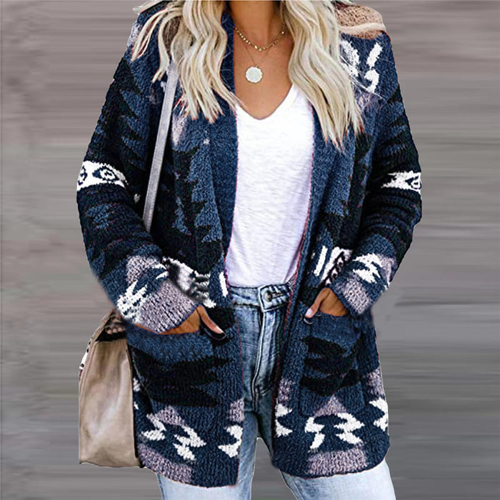 Cosycombe Open Front Knitted Cardigan with Pockets and Geometric Print