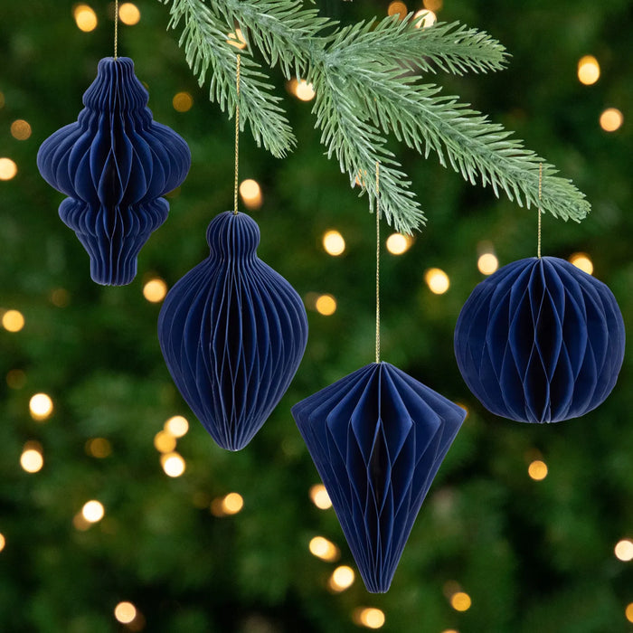 Cosycombe Set of 4 Navy Honeycomb Paper Christmas Ornaments