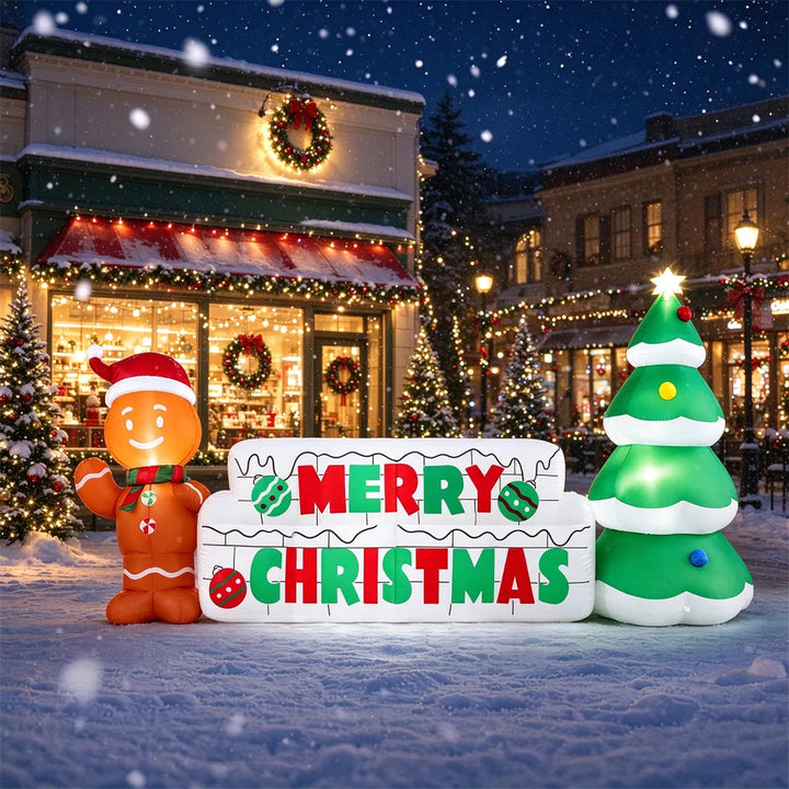 Inflatable Merry Christmas sign with gingerbread man