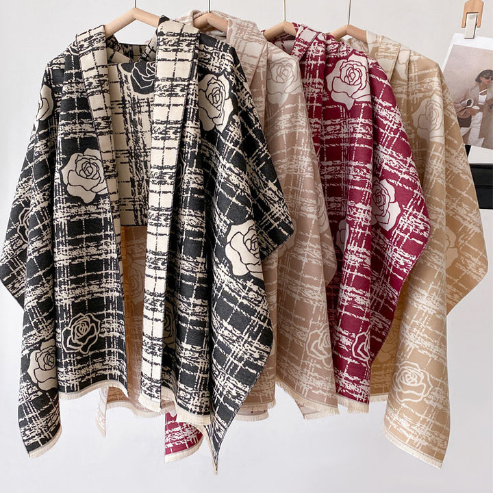Wine red double sided plaid shawl with roses