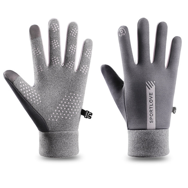 Grey fleece lined water repellent winter gloves