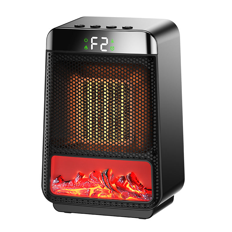 Black fan heater with glowing flame effect