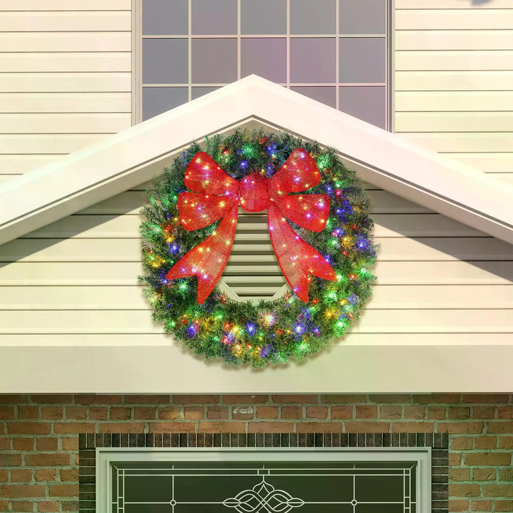 Giant pre-lit Christmas wreath with red bow