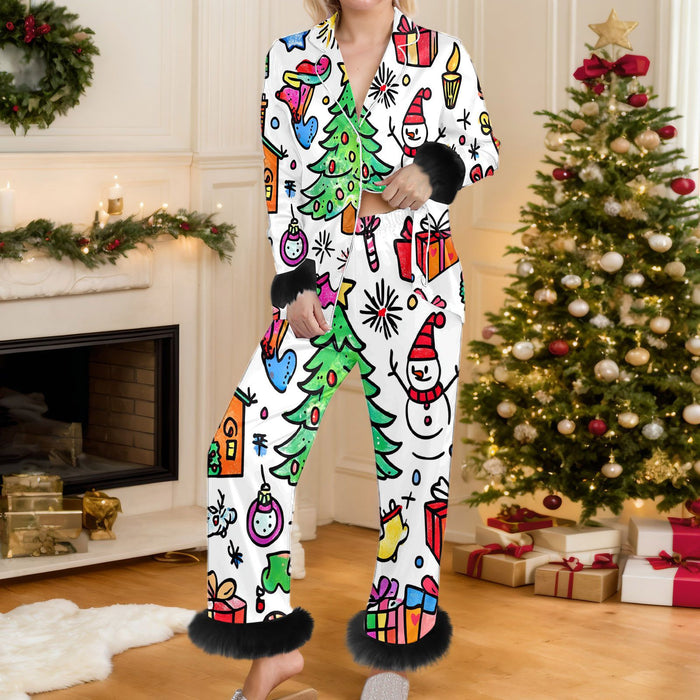 Cosycombe Christmas Print Button Up Pyjama Set with Faux Fur Trim