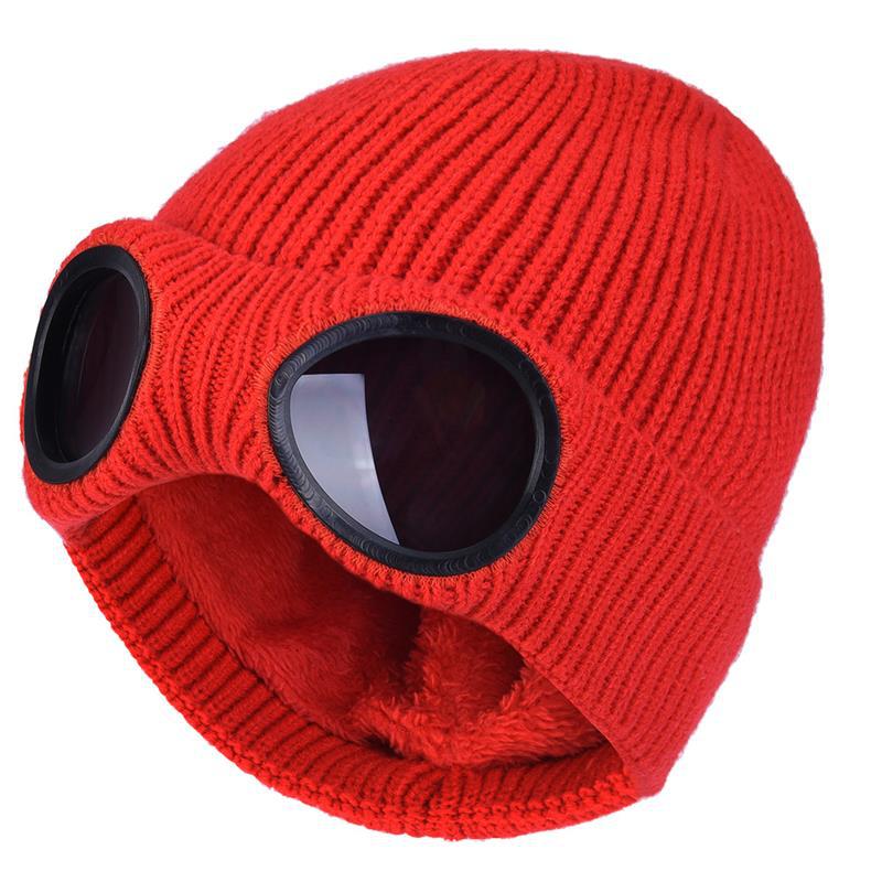 Knit beanie with flip-up goggles on the front