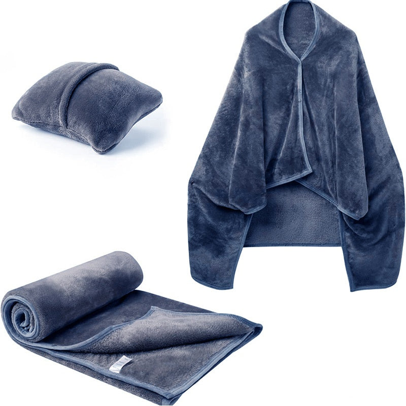 Blue fleece blanket shawl folded into cushion