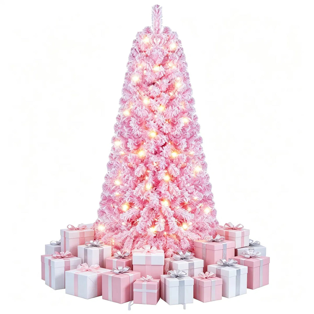 Small pink flocked tree with warm lights