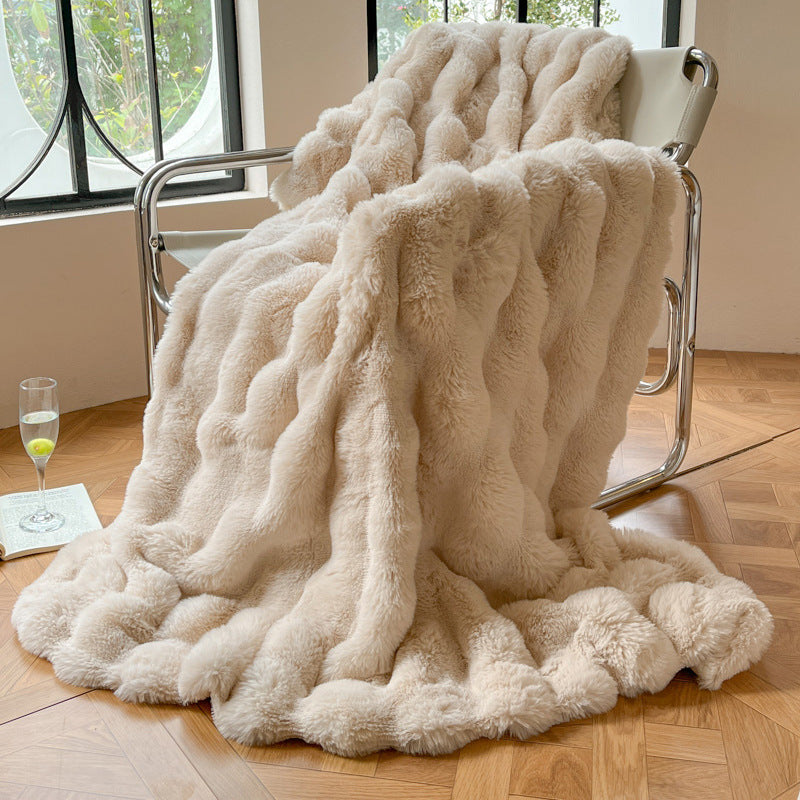Cream bubble texture faux fur throw blanket